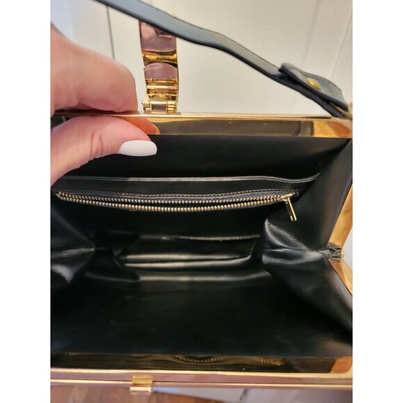 Vintage 60s Black Patent Handbag Gold Clasp Retro Twee Grandma Marilyn Monroe - Picture 6 of 6